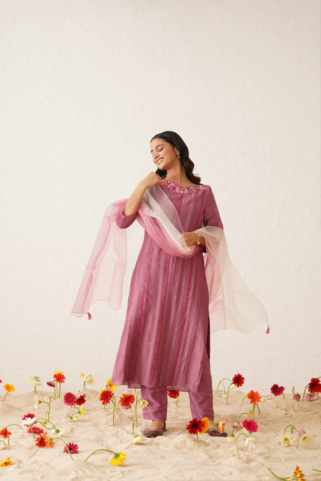 Lavendor front pleated embroidered kurta Set