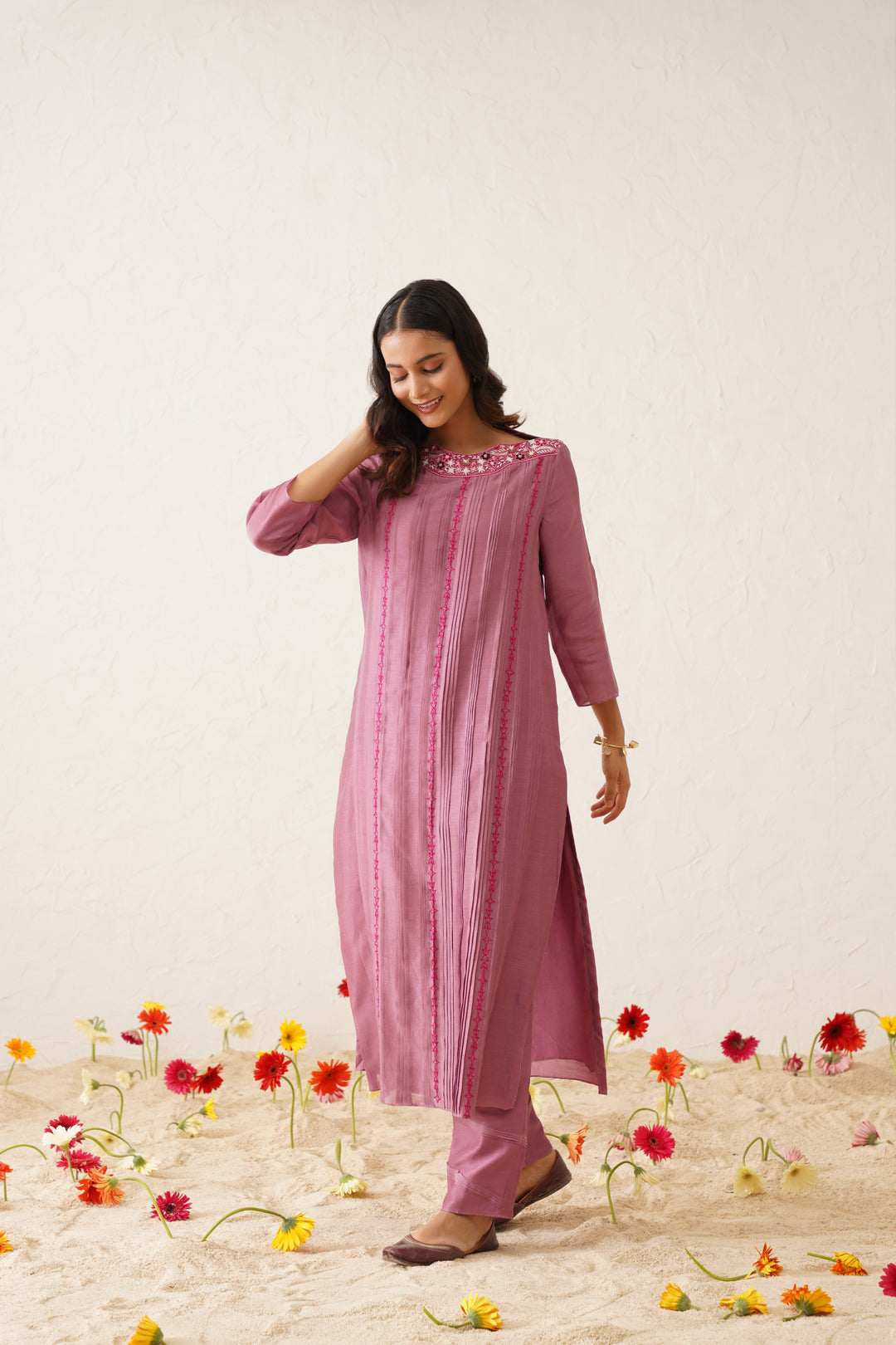 Lavendor front pleated embroidered kurta Set