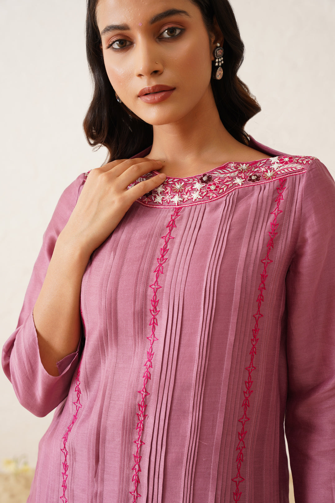 Lavendor front pleated embroidered kurta Set