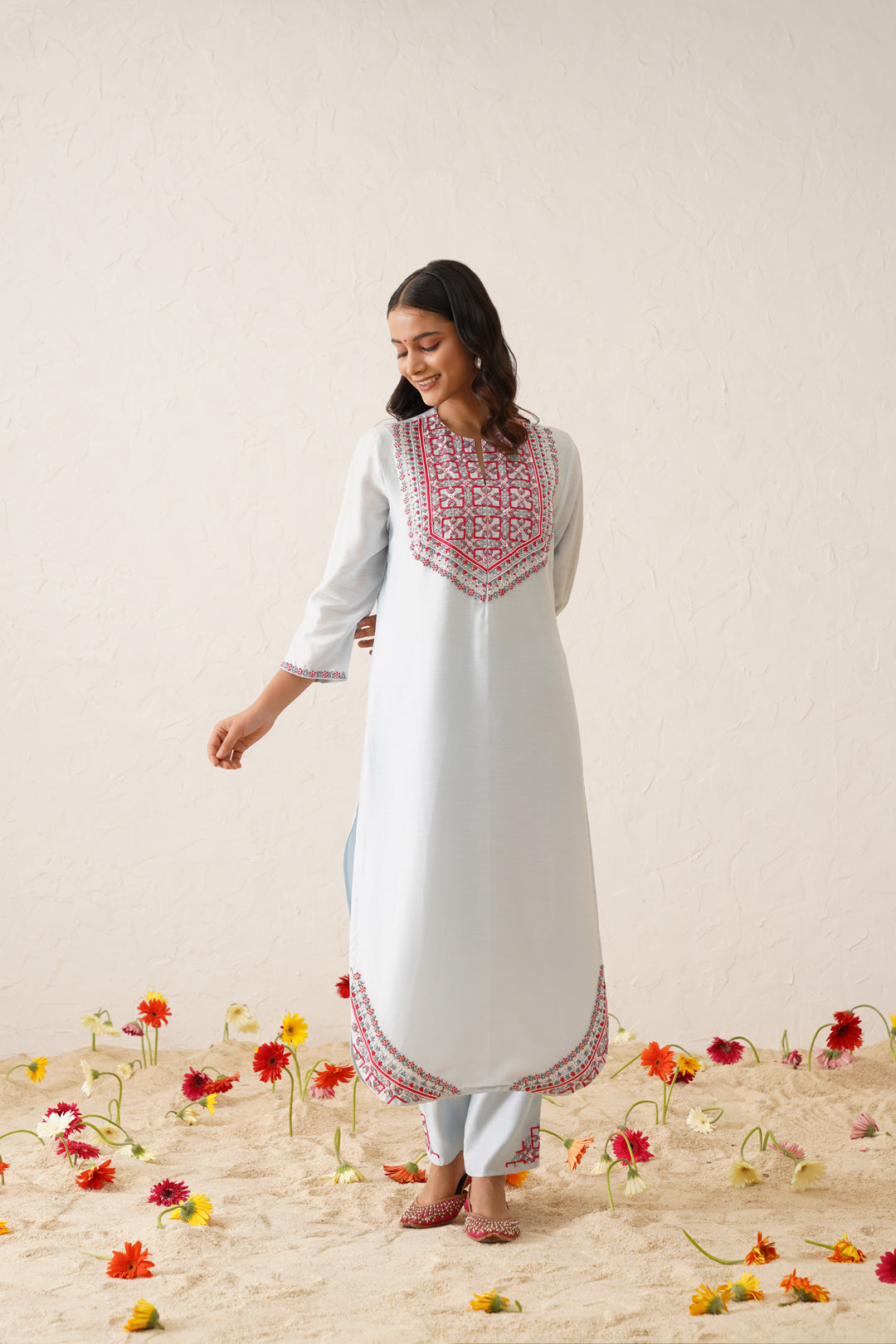 Sky blue coloured embroidered kurta set