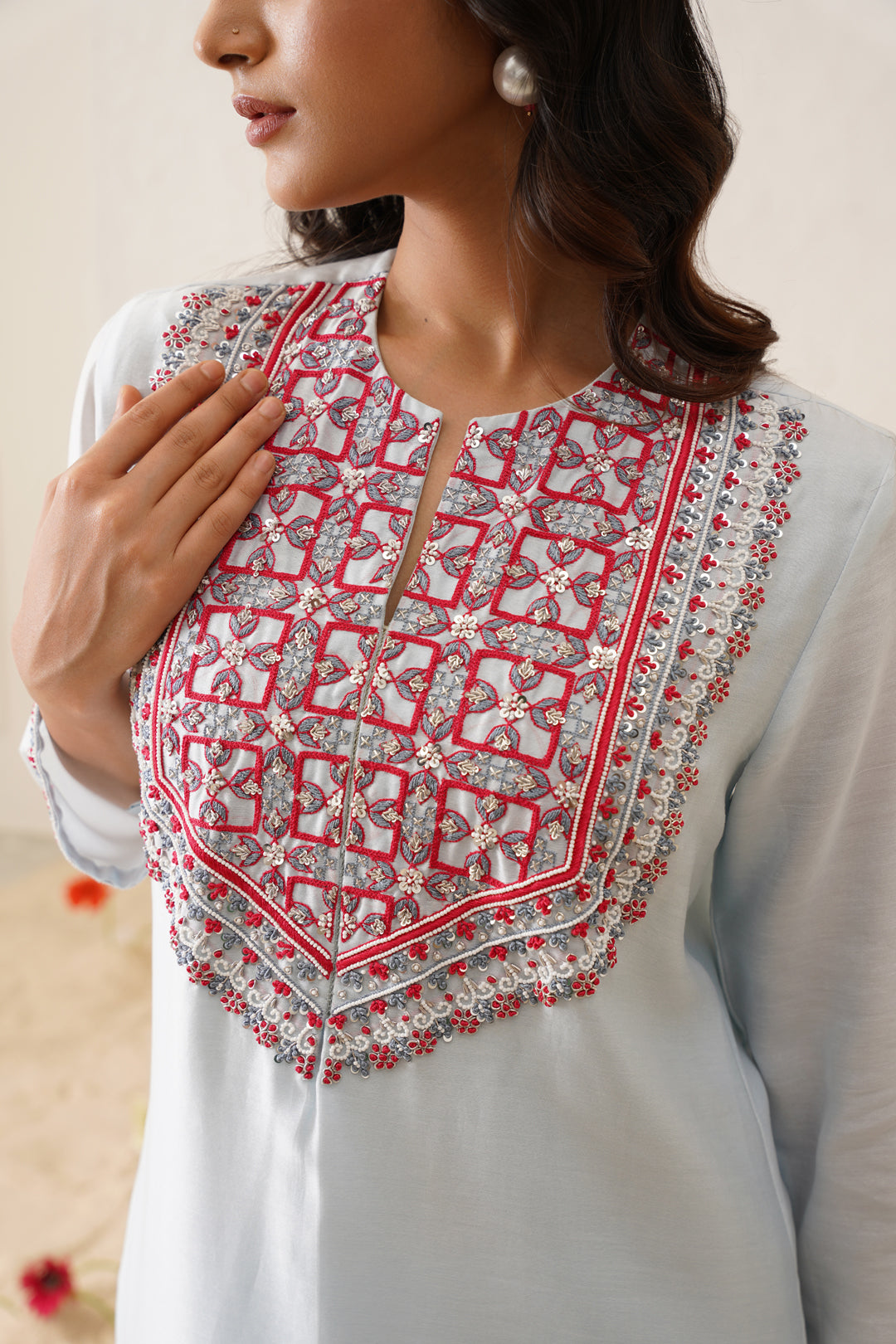 Sky blue coloured embroidered kurta set