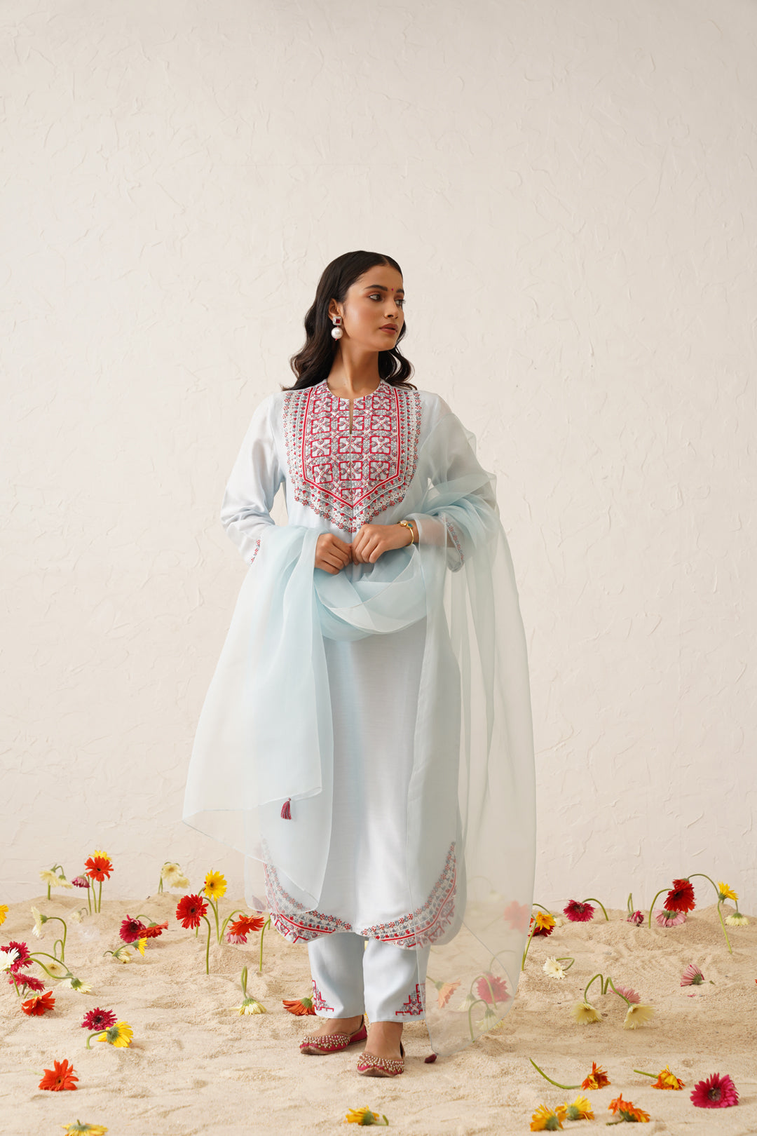 Sky blue coloured embroidered kurta set