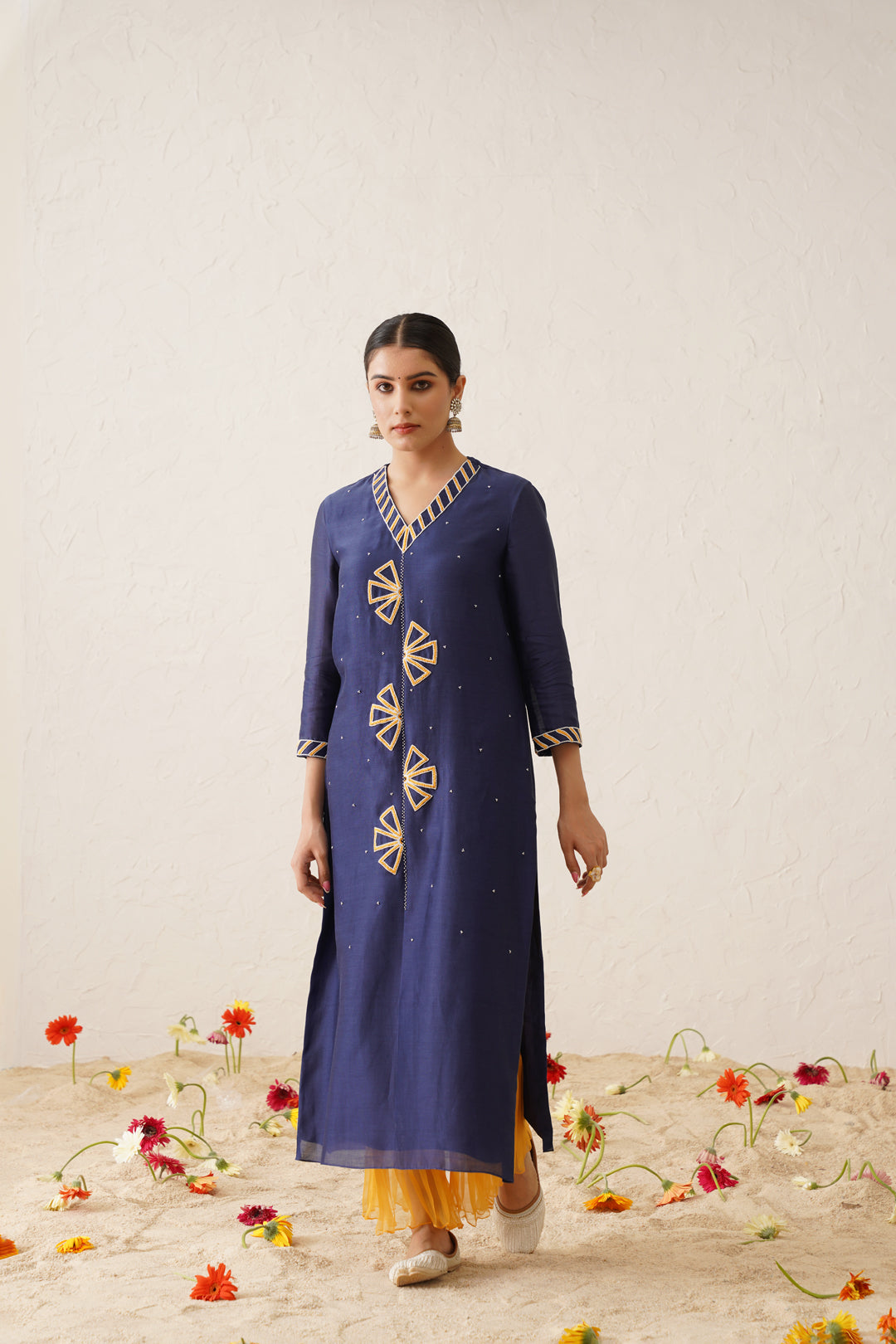 Contrasting Embroidered with Pleated Pants Kurta Set