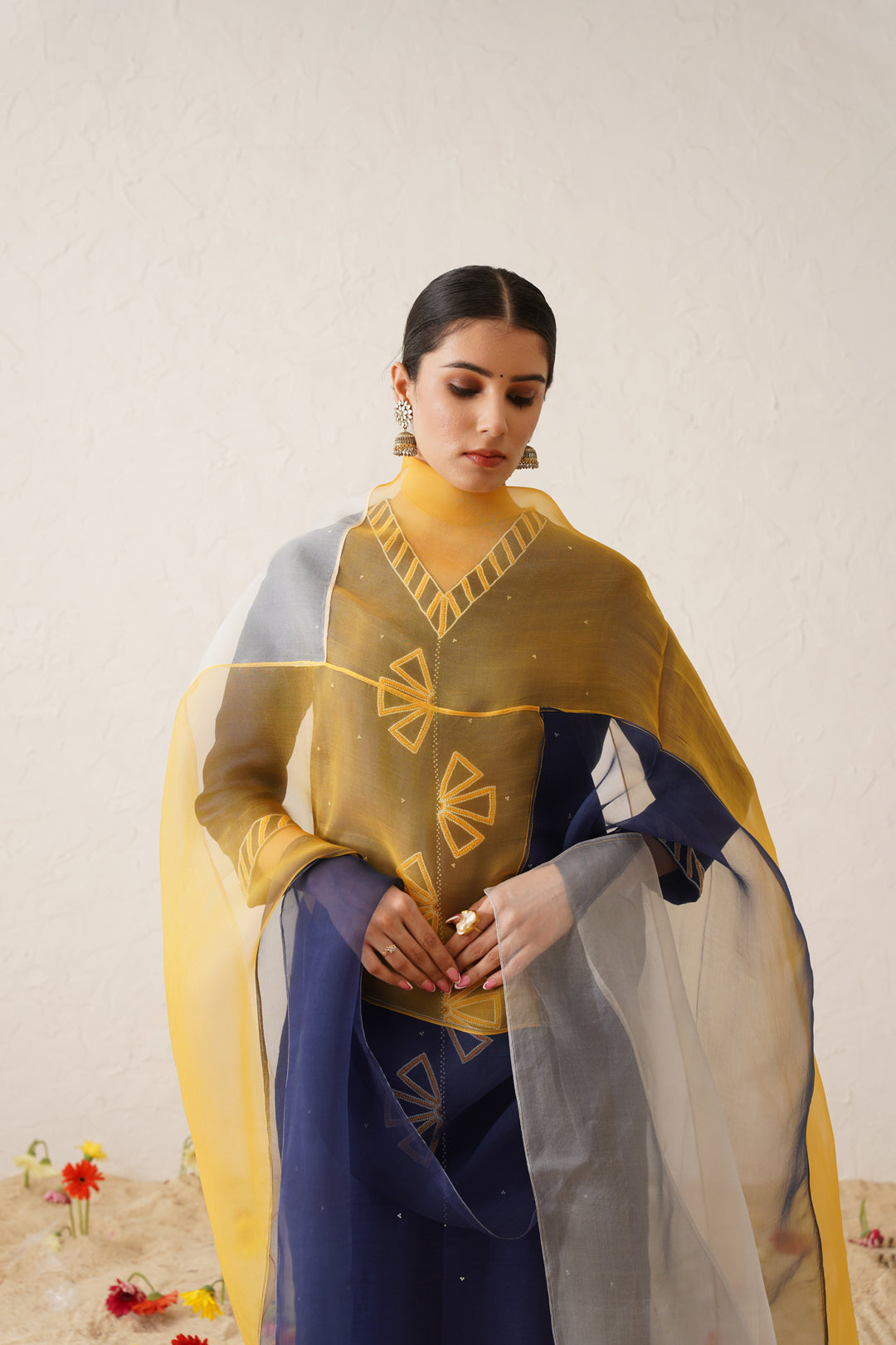 Contrasting Embroidered with Pleated Pants Kurta Set