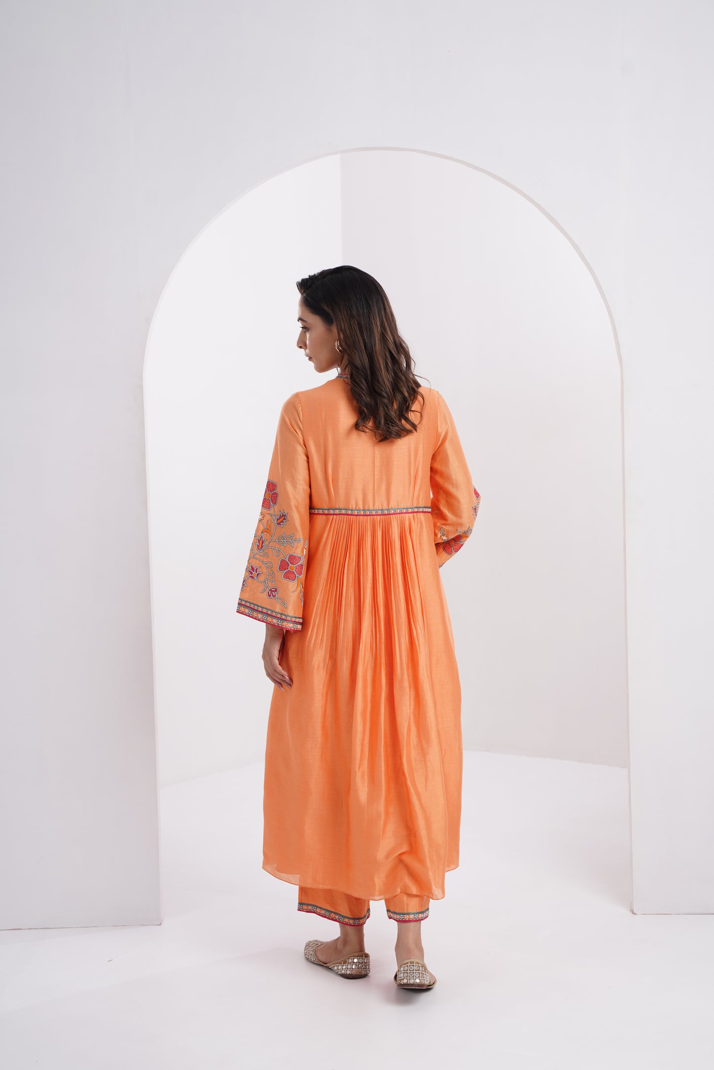 Orange front pleated embroidered kurta Set