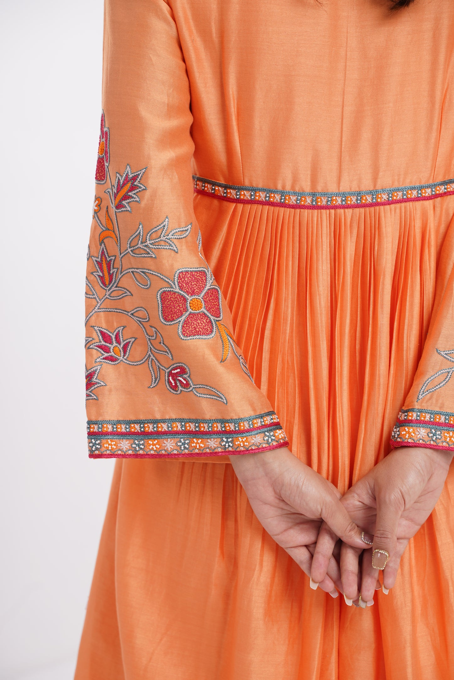 Orange front pleated embroidered kurta Set