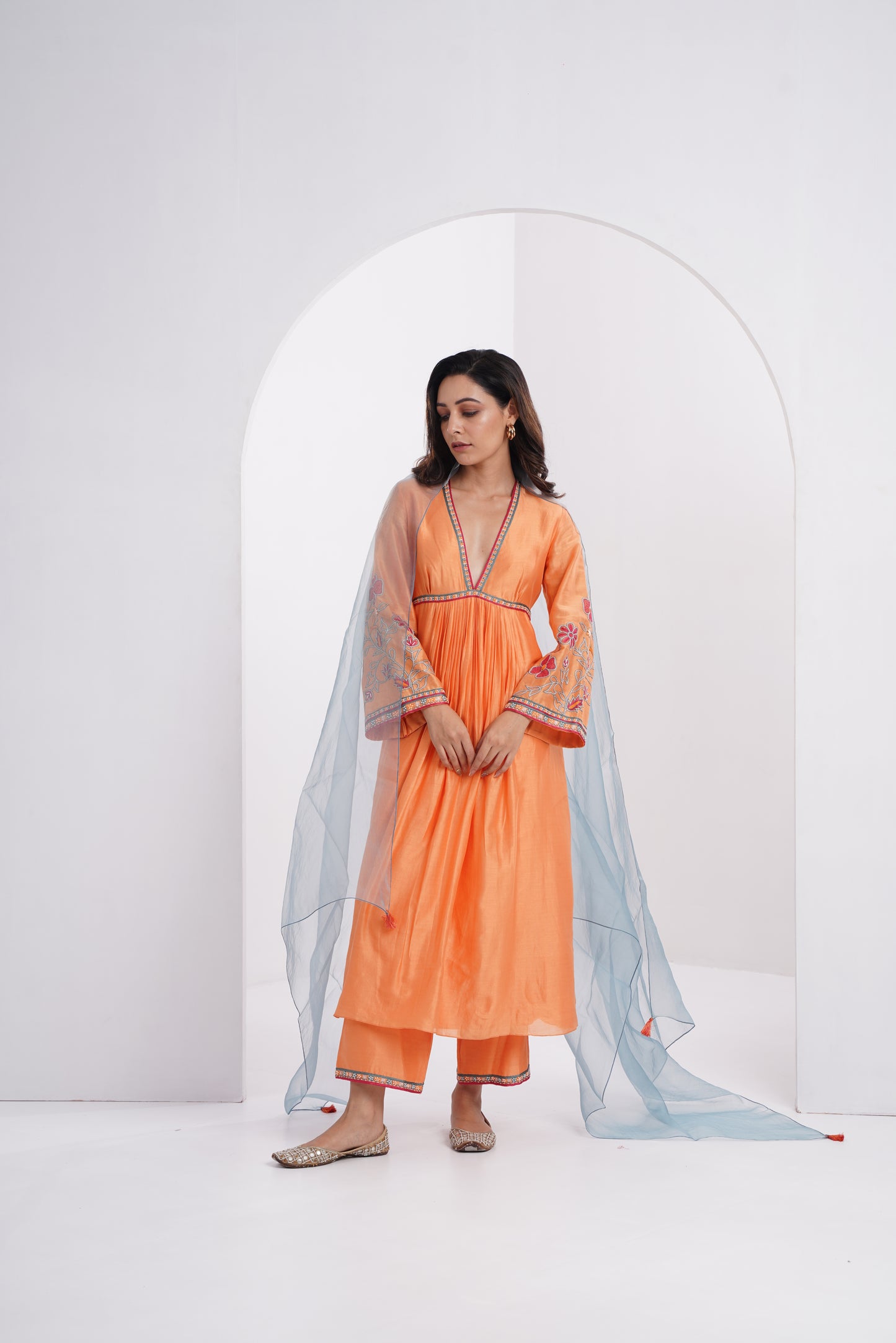 Orange front pleated embroidered kurta Set