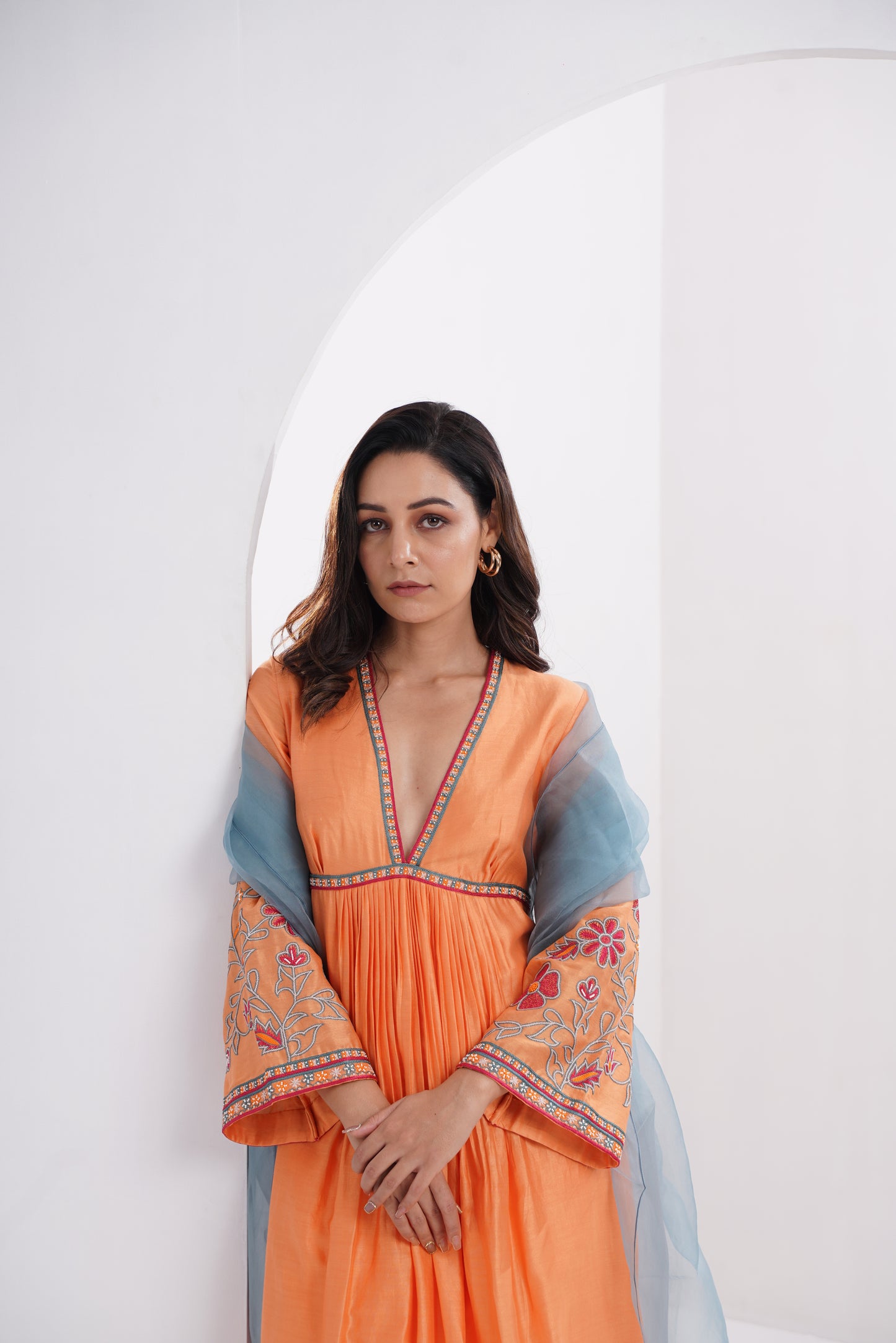 Orange front pleated embroidered kurta Set