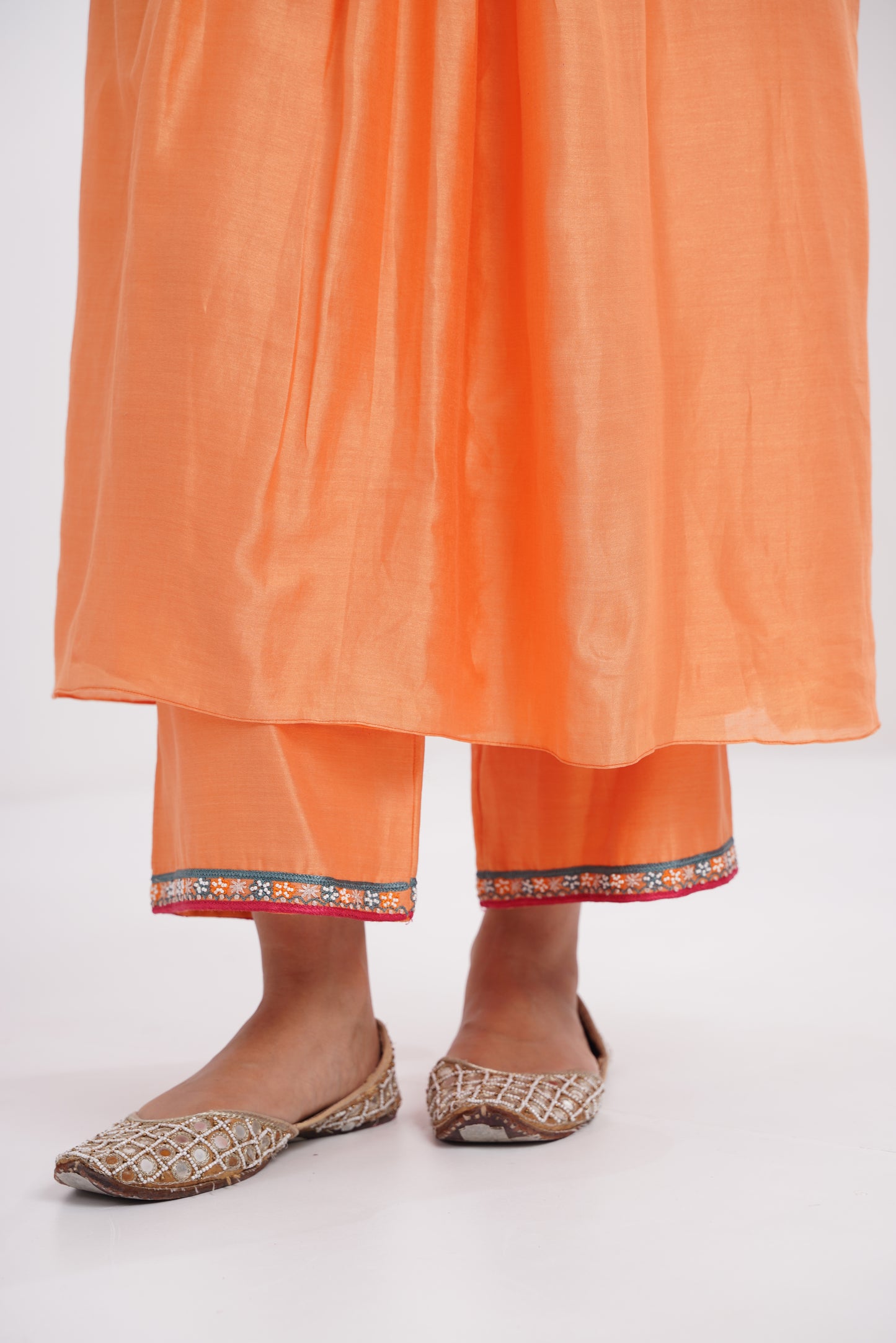 Orange front pleated embroidered kurta Set