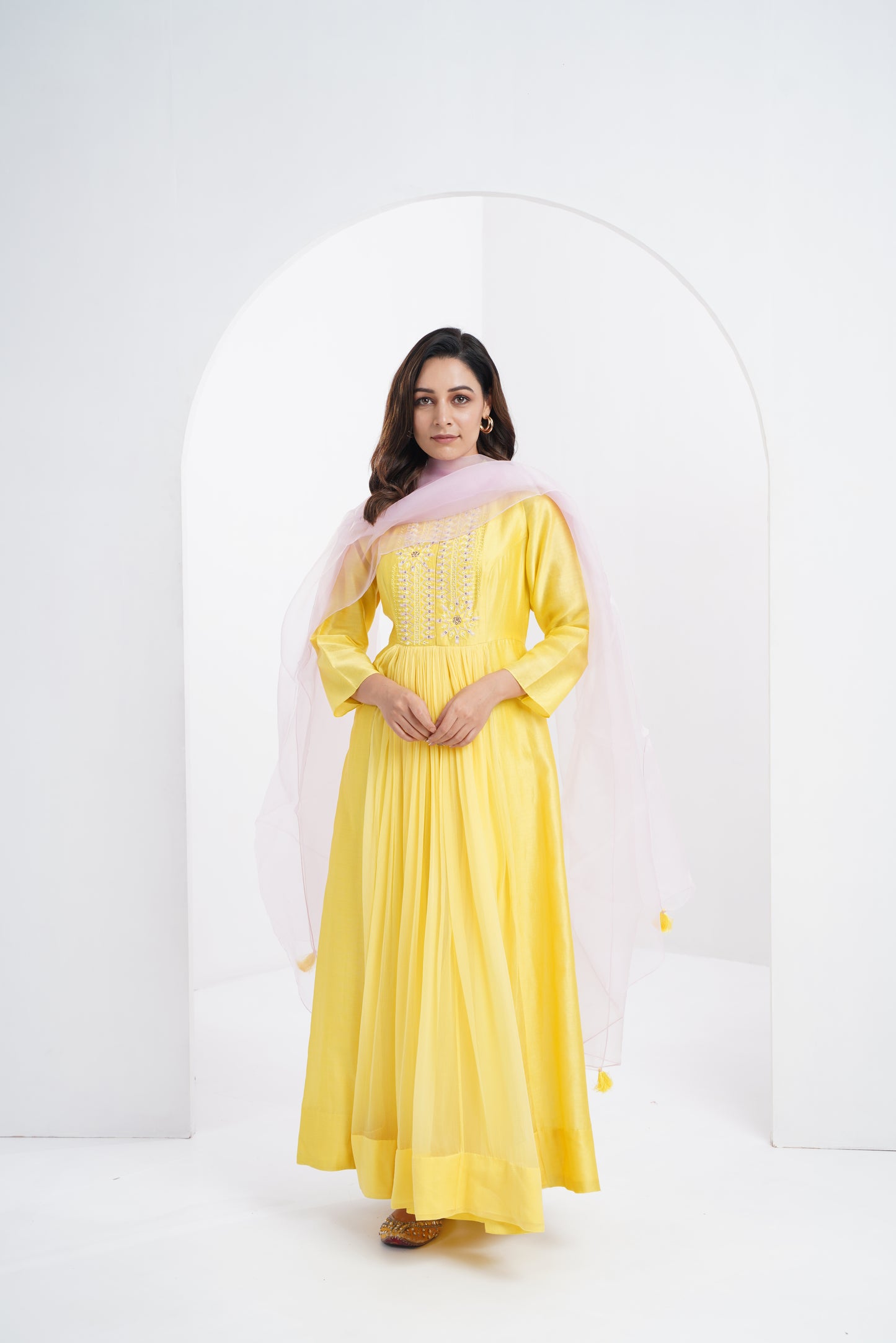 Lemon yellow Chanderi Embroidered kurta Set