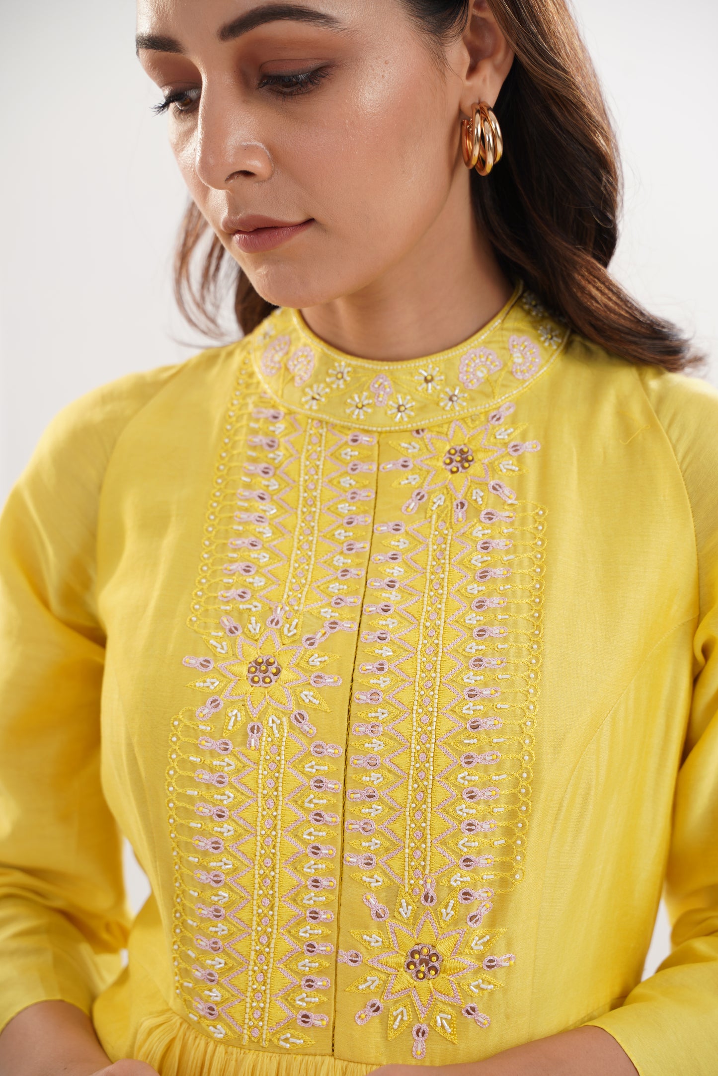 Lemon yellow Chanderi Embroidered kurta Set