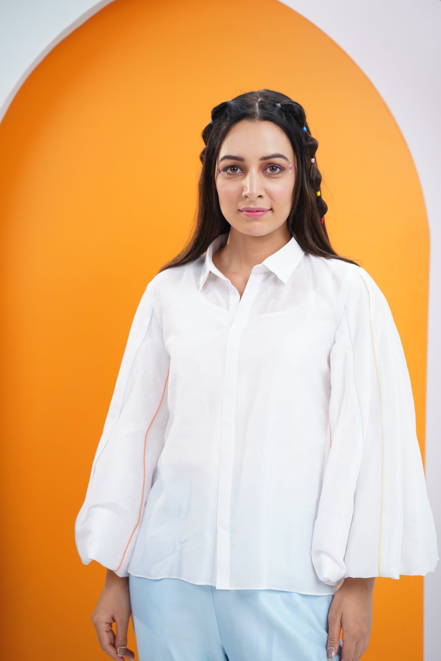 Multi colored piping statement chanderi shirt