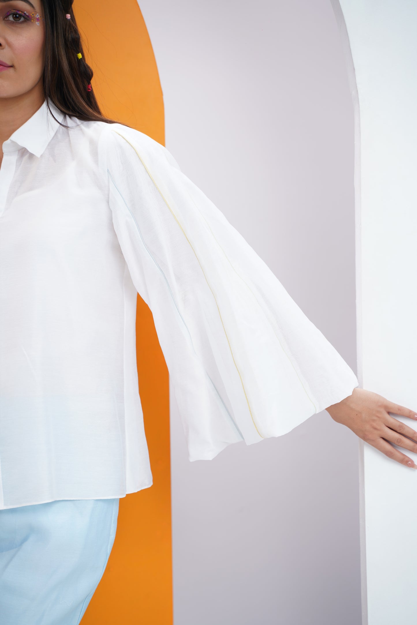 Multi colored piping statement chanderi shirt