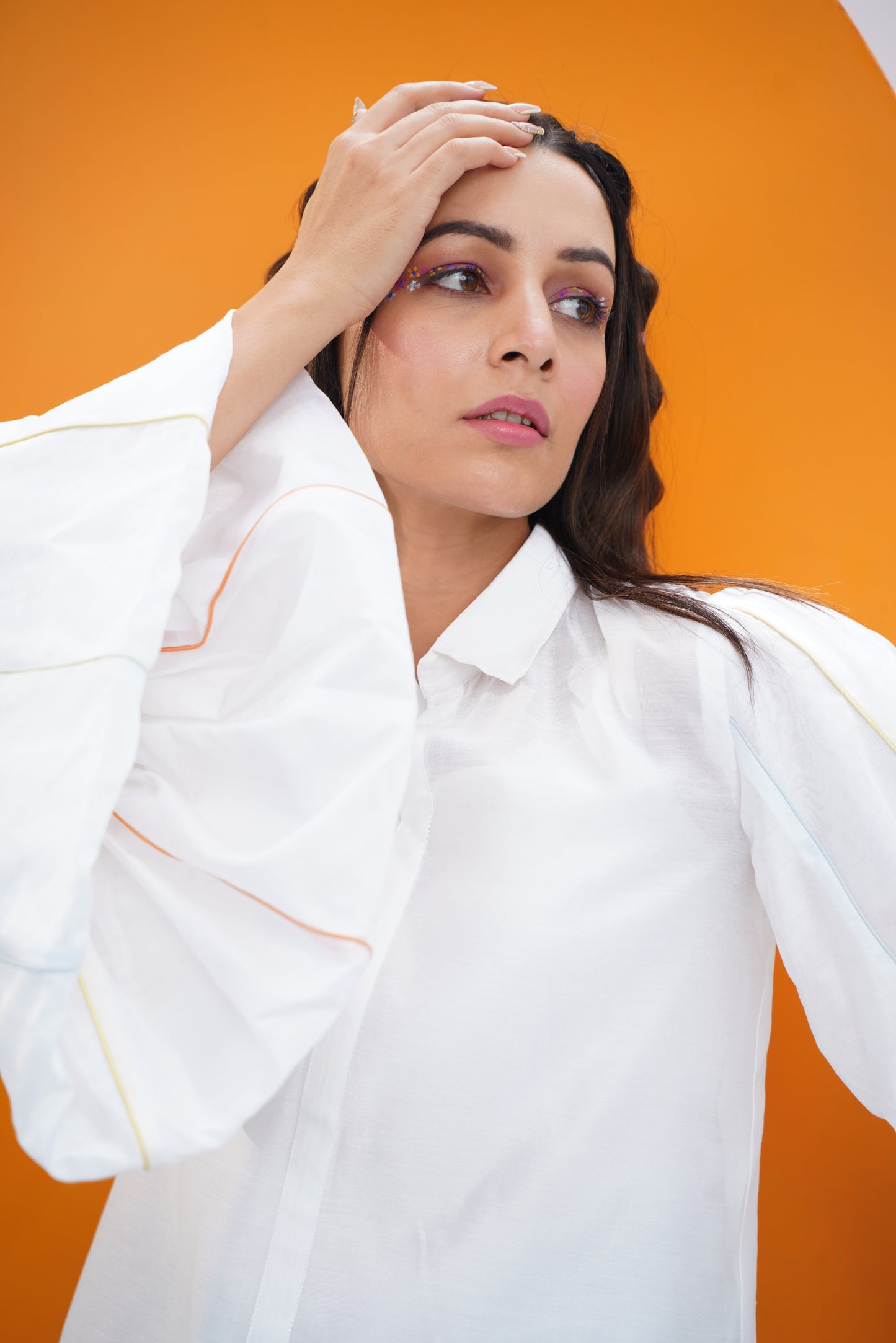 Multi colored piping statement chanderi shirt