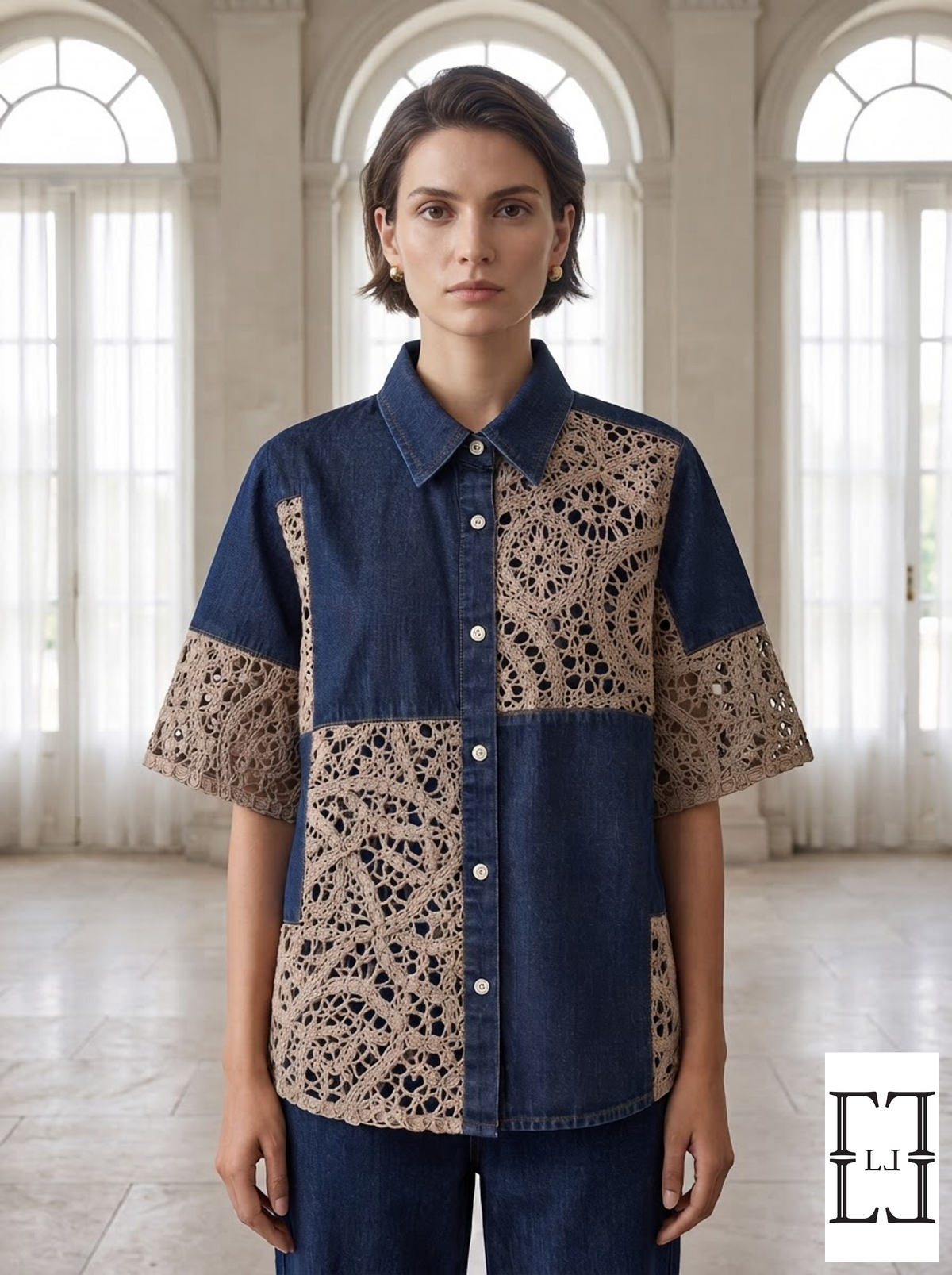 Crochet Contrast Denim Shirt