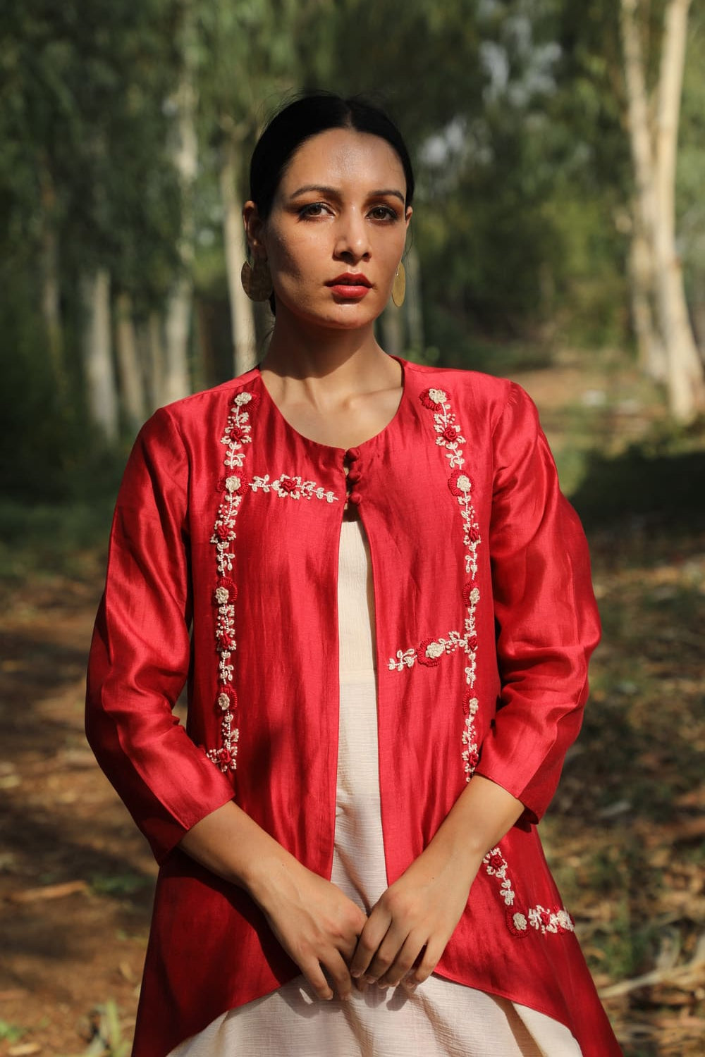 Asymmetrical Hi-Low Hem Embroidered Jacket Set