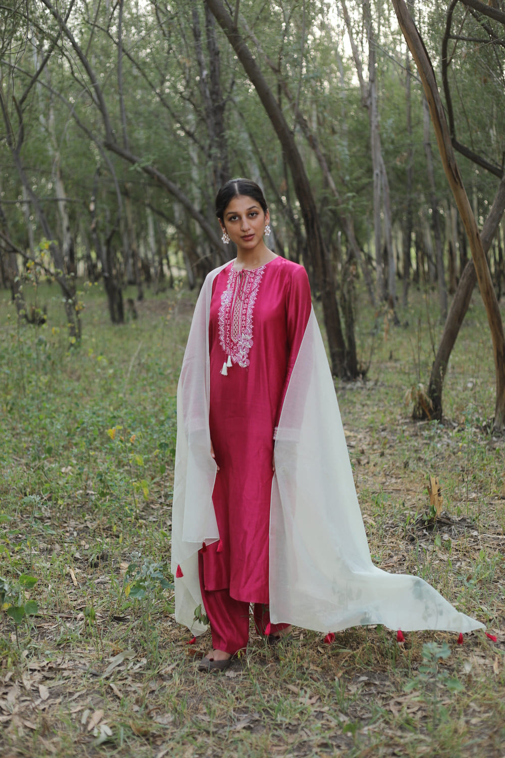 Contrasting Neckline Embroidered Kurta Set
