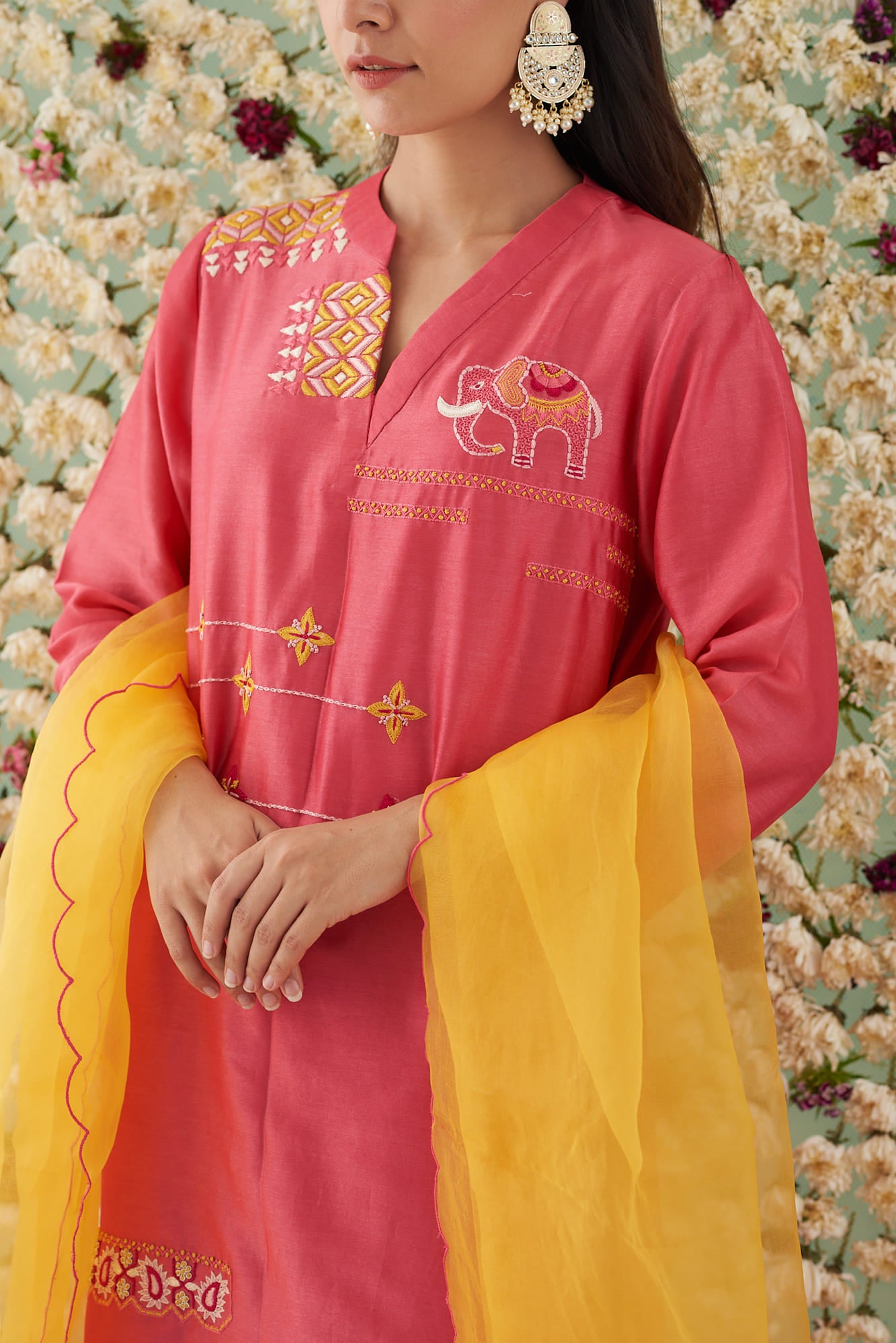 Half Collar V Neck Embroidered Kurta Set