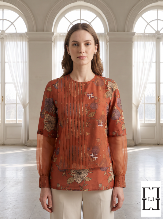 Midnight Bloom Pleated Organza Top