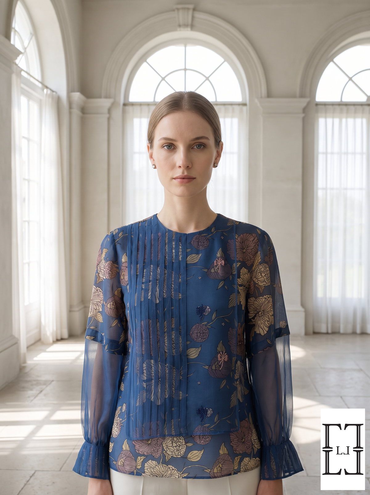 Midnight Bloom Pleated Organza Top