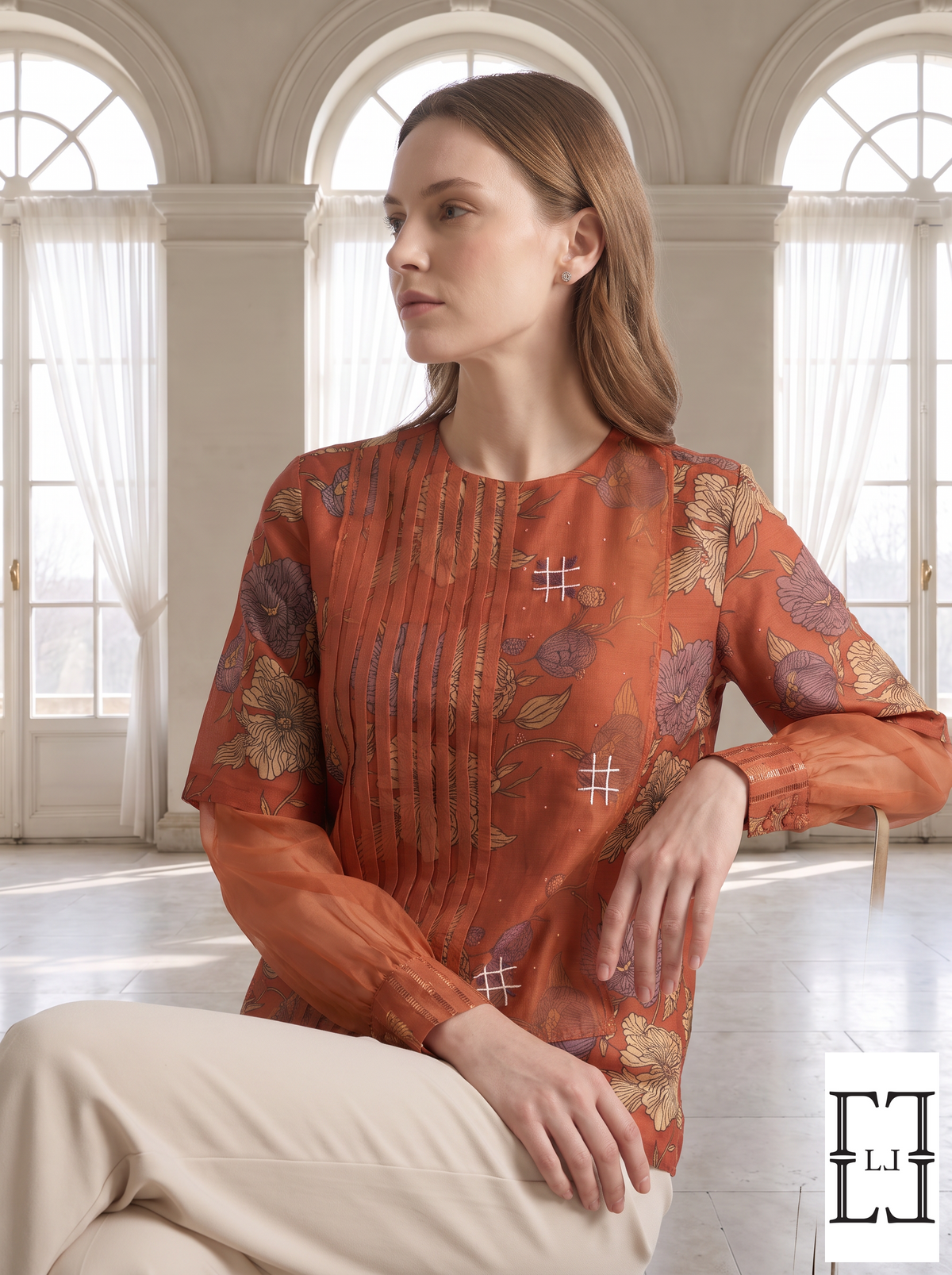 Midnight Bloom Pleated Organza Top