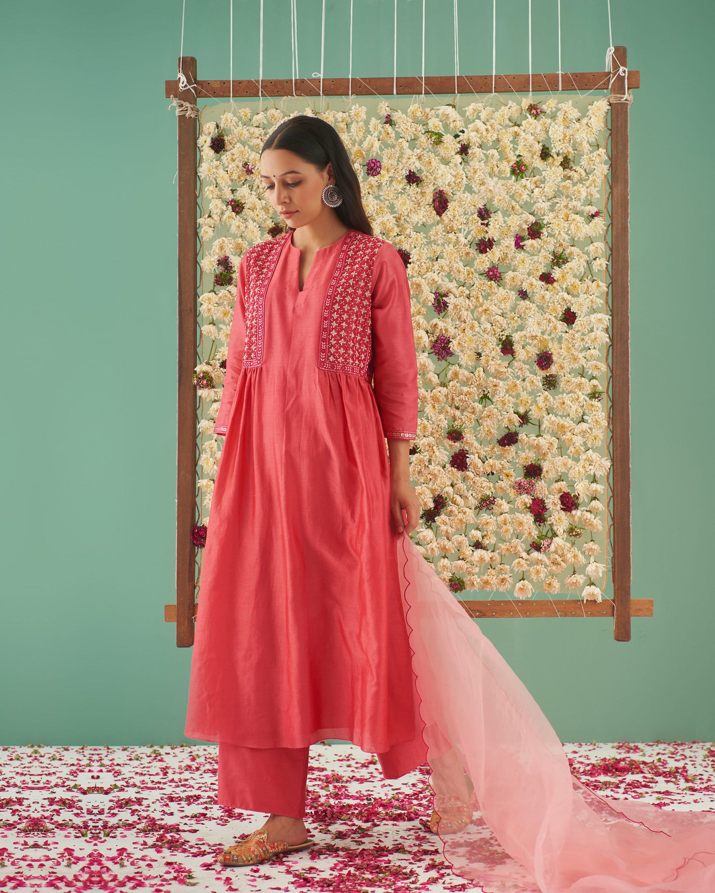 Side Yoke Gathered Embroidered Kurta Set