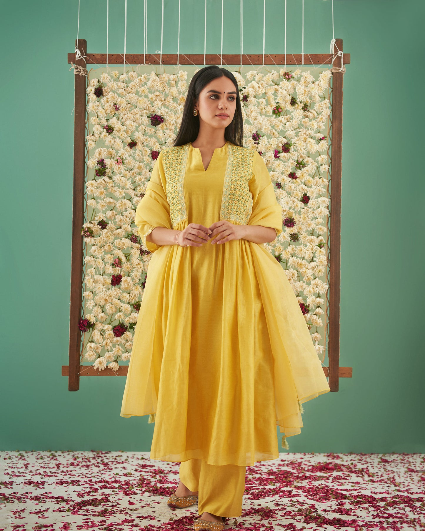 Side Yoke Gathered Embroidered Kurta Set