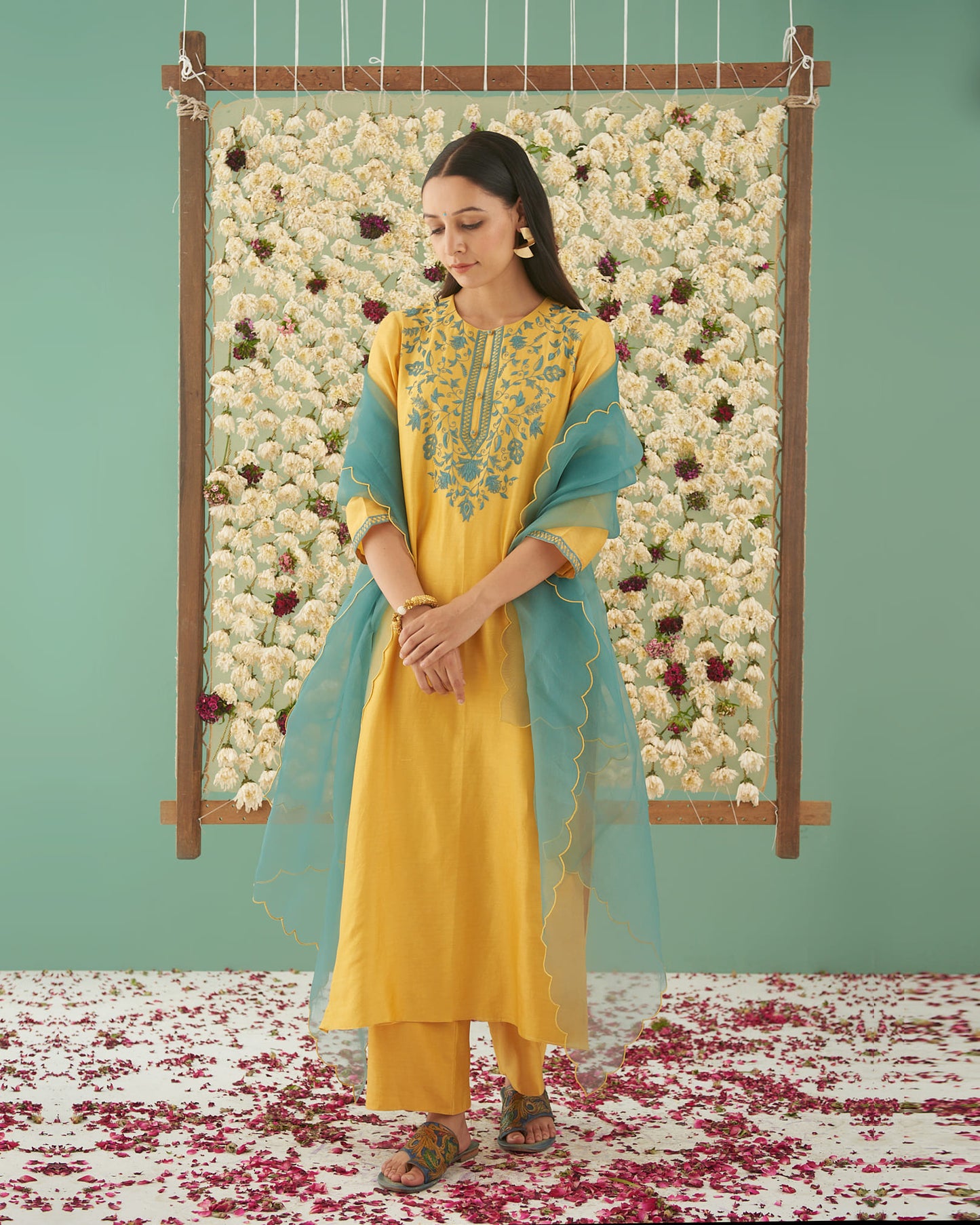 Mustard Flower Bloom Embroidered Kurta Set