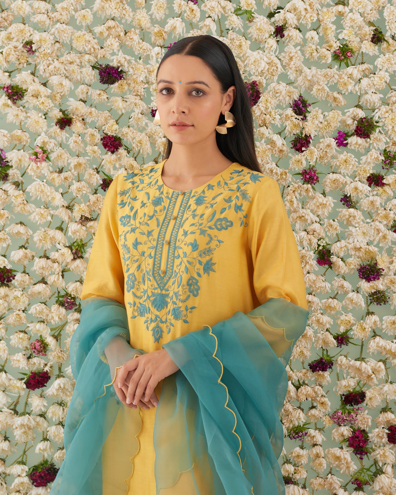 Mustard Flower Bloom Embroidered Kurta Set