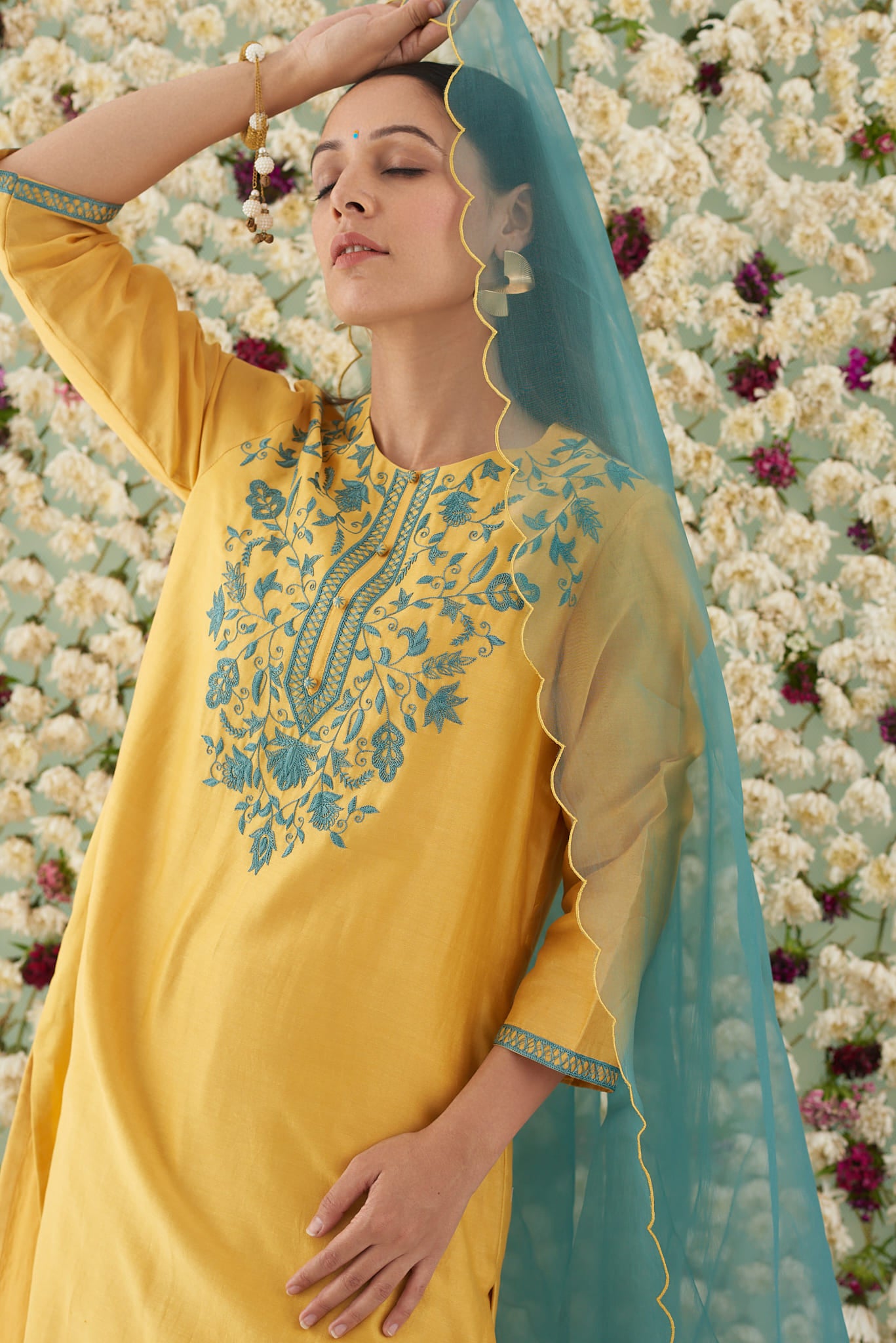 Mustard Flower Bloom Embroidered Kurta Set