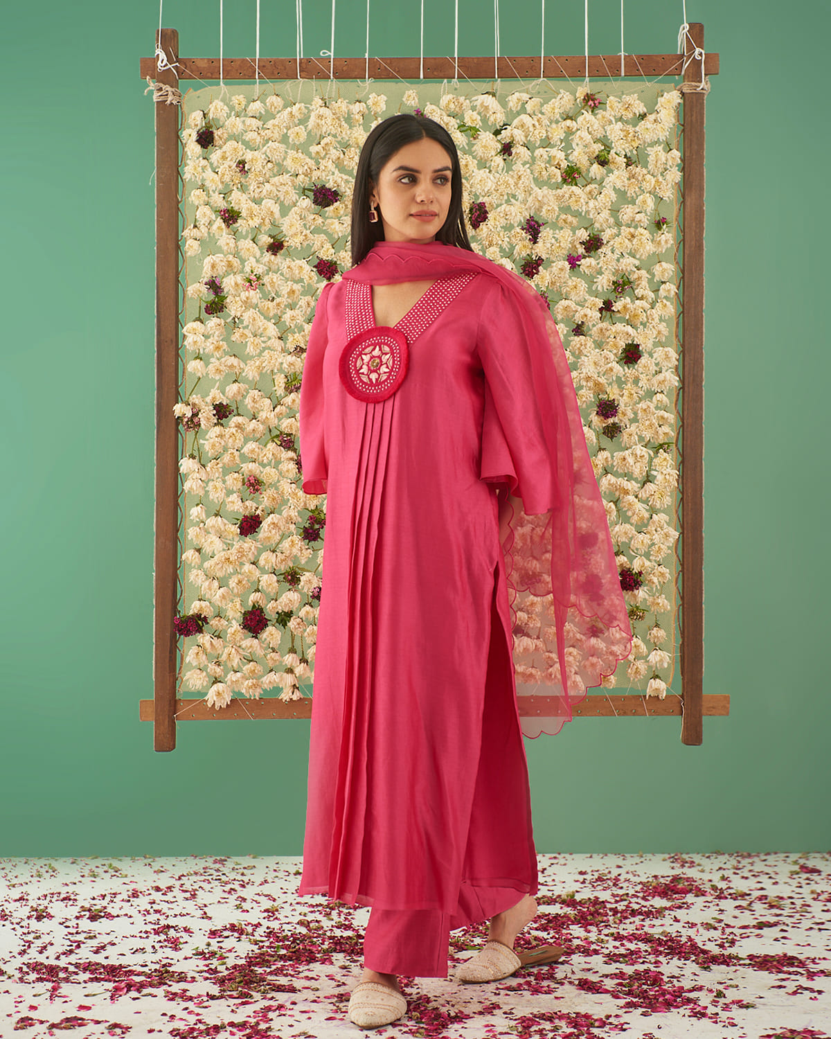 Rani V Neck Pleated Embroidered Kurta Set